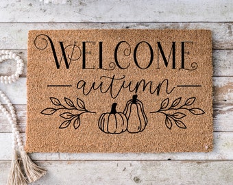 Fall Home Decor Pumpkin cute outdoor front porch welcome door mat, gift for new home, gift for mom, - Falling leaves doormat -9040