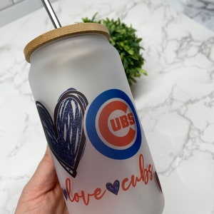 Can glass, coffee glass, soda can glass, beer can glass with bamboo lid and straw, gifts for her, gifts under 25, cubs, baseball
