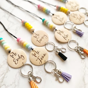 Lanyard for teachers, nurse, bead lanyard keychain engraved wooden disc, Teacher gifts personalized, lanyard for badges, lanyard with ID.