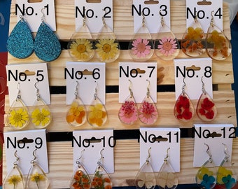Resin Pressed Flower and Color Teardrop Earrings