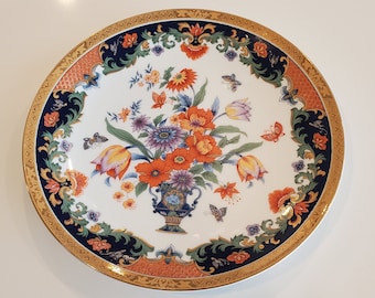 Vintage Porcelain Japanese Plate with Blossoms, Butterflies and Gold Design on edge