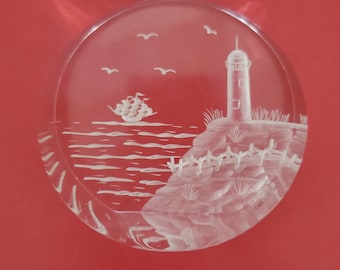 Vintage Etched Glass 3 D Lighthouse, Ship, Water and Birds Paperweight Taiwan