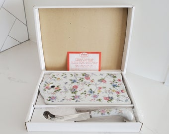Vintage Andrea by Sadek Corona Floral Porcelain Cheese Board & Knife Set - Japan