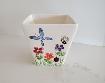 Vintage Gift from FTD Porcelain Springtime Floral, Bee and Ladybug Vase/Planter