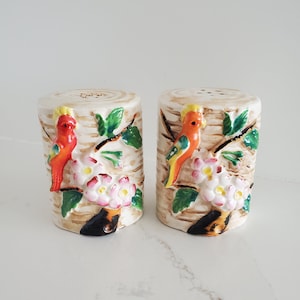 Vintage Occupied Japan Parrot/Cockatiel Floral Salt and Pepper Shakers Original Cork Stoppers