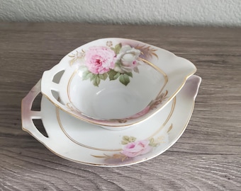 Vintage HTF German Porcelain Floral Gravy Boat/Mayo Bowl with Underplate ? 30's to 50's