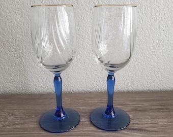Vintage Lenox Crystal Wine Glasses Cobalt Blue Stem Gold Rim Set of 2