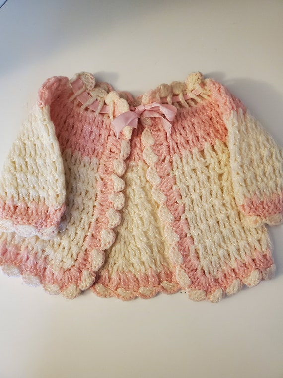 Vintage Crocheted Pink and White Handmade Sweater/