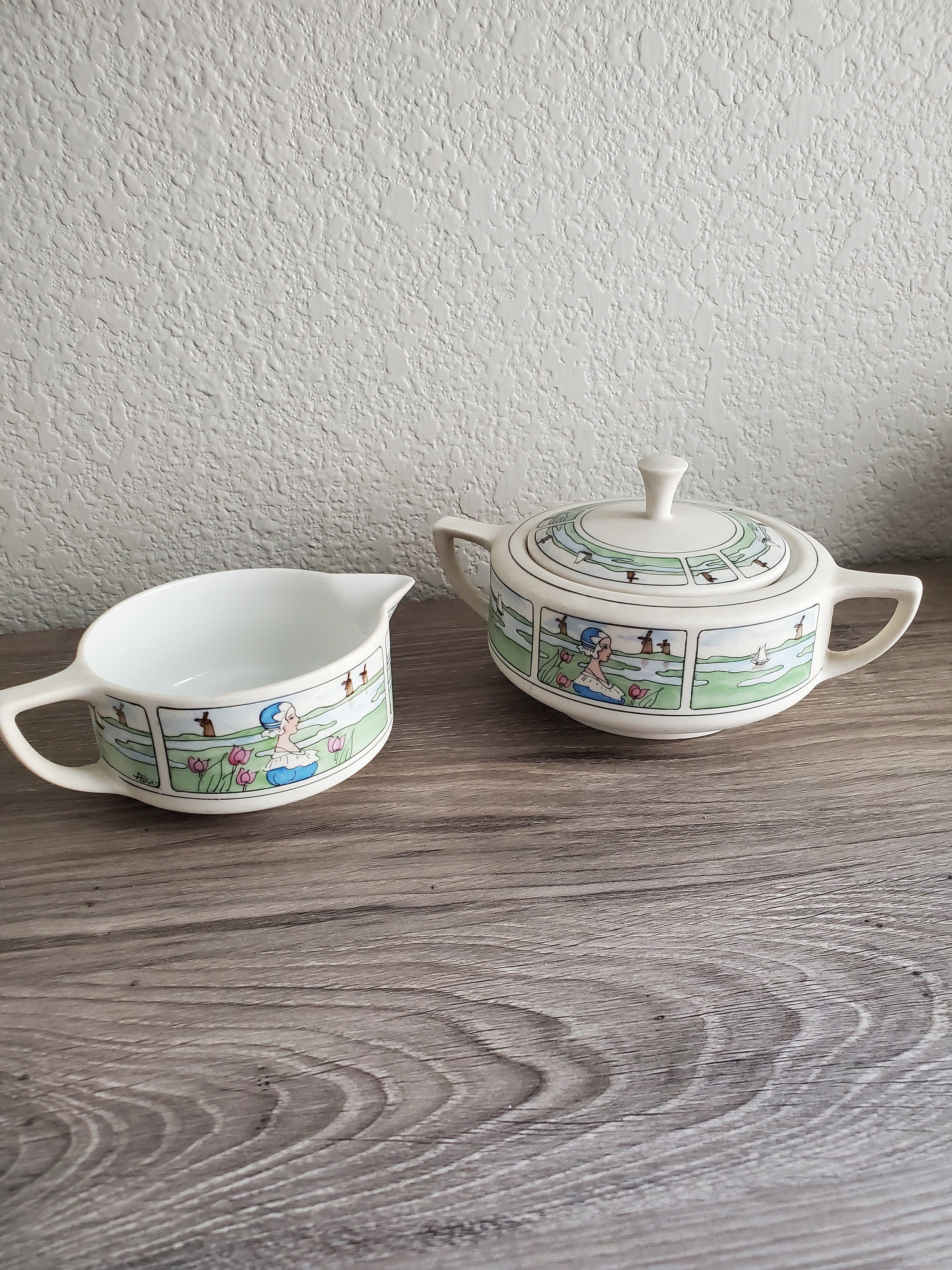 W A Pickard China Hand Painted Sugar Bowl with Lid and Creamer Signed