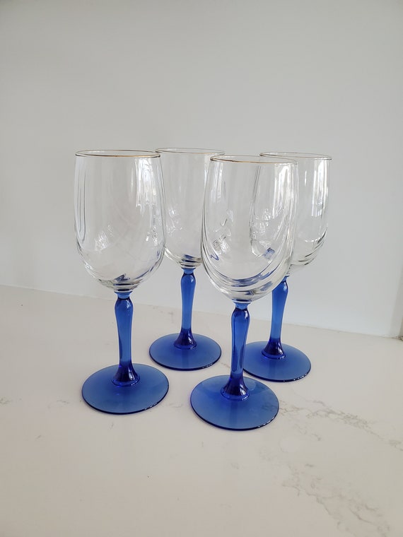 Vintage Lenox Crystal Blue Stemmed Gold Rimmed Wine Glasses Set of 4 