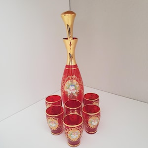 Vintage Bohemian/Venetian ? Hand Blown Hand Painted Raised Florals Decanter with 6 Cordial/Shot Glass Set