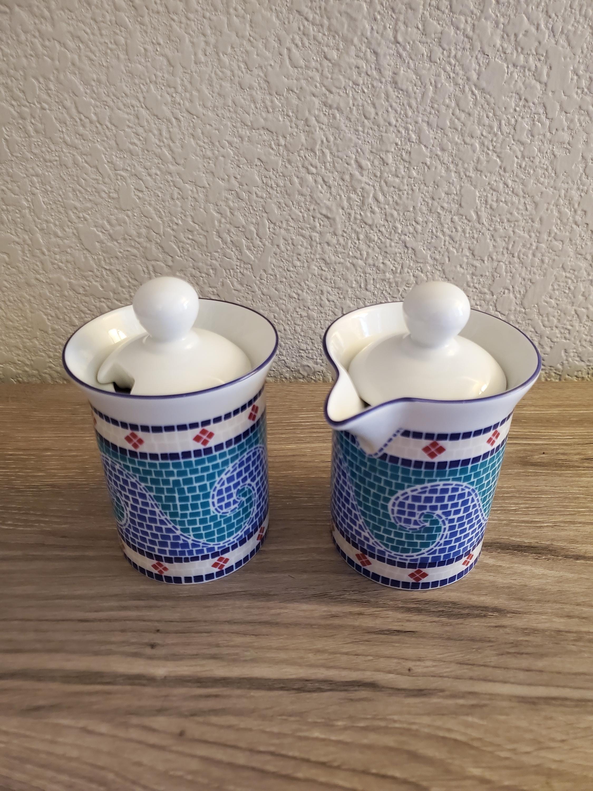 Dansk Mosaic Wave Pattern Sugar and Creamer Set with Lids Set of 2 Portugal
