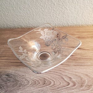 Vintage Glass Bowl/Candy Dish with Silver Overlay Flowers and Rim