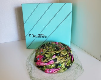 Vintage Neusteters Woman&#39;s Pillbox Hat with Multi Colored Rhinestones and Netting in Original Box