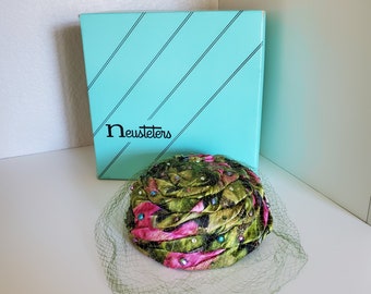 Vintage Neusteters Woman's Pillbox Hat with Multi Colored Rhinestones and Netting in Original Box