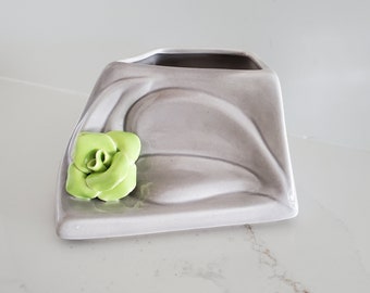 Vintage Art Deco Style Gray Planter with Lime Green Flower