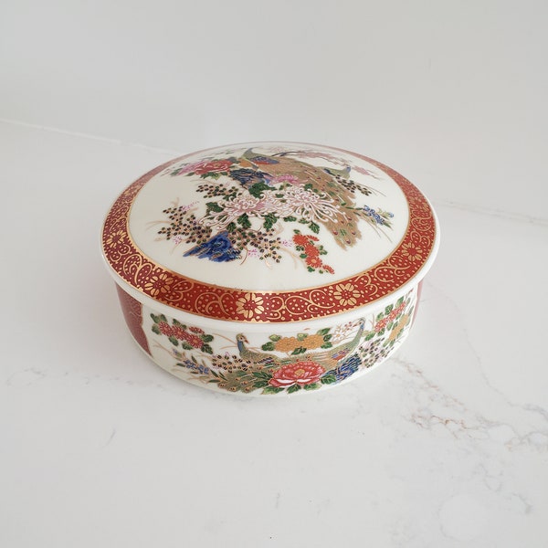 Vintage Satsuma Porcelain Peacock/Floral Large Trinket Box with Lid Japan