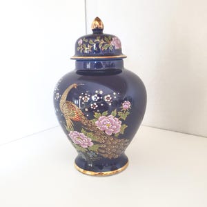 Vintage Japanese ?Kutani Porcelain Cobalt Blue Ginger Jar with Peacock and Pink Blossoms