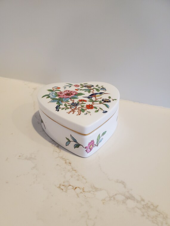 Vintage Aynsley Pembroke Bone China Heart Shaped Trinket Box with Bird and Flowers England