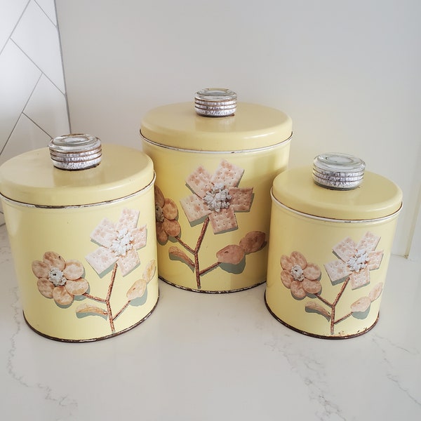 Vintage Blue Magic Krispy Kan Canisters Yellow Set of 3