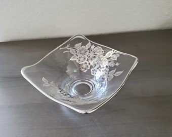 Vintage Glass Bowl/Candy Dish with Silver Overlay Flowers and Rim