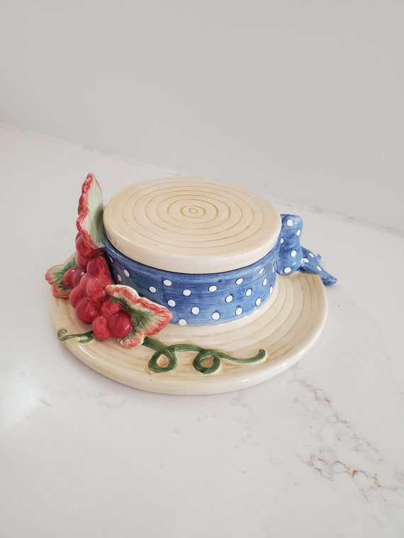 Fitz and Floyd Ceramic Hat Trinket Box with Bow Grape… Gem