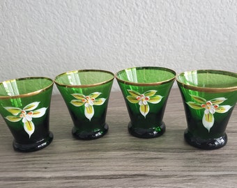 Lot De 7 Verres à Vin Bohème Vert Et Doré - Peints à La Main émail - Années 1960 - Occasion