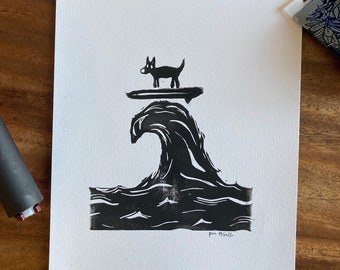 Dog surfing (black, standing)- handmade linocut print