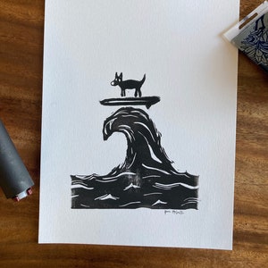 Dog surfing (black, standing)- handmade linocut print
