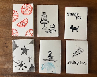 Hand printed, Linocut Greeting cards, Variety pack- 6 cards!