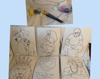 May include: A paint and sip party kit with six different black and white outlines on canvases. The outlines include a couple, a woman, a man, a lion, a rose, and a dog. The kit includes paintbrushes and paint.