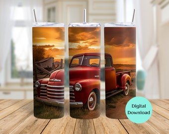 Old Red Truck Tumbler Wrap, 20 oz Skinny Straight Tumbler, Sublimation Design, Digital Download, 300 DPI PNG, add your own wording or name