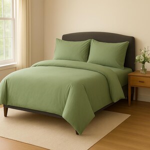 Olive Green Cotton Queen Bed Sheet Set: 300 Thread Count Hypoallergenic Bedding