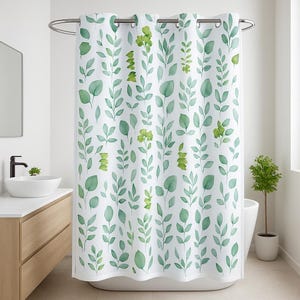 Green Hookless Shower Curtain with Snap-in Liner, No Hooks Needed, Botanical Bathroom Decor, Machine Washable