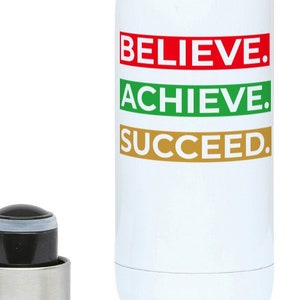 500ml Water Bottle Design | White Insulated Stainless Steel | Hydrated Gym Fitness Workout Hot and Cold Drink | Believe Achieve Succeed