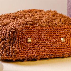 Brown Fluffy Crochet Drawstring Handbag With Crochet Bow Ties And Cute Little Pocket - Ideal For Winter And Special Events
