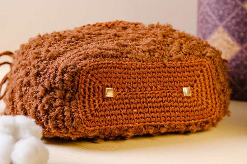 Brown Fluffy Crochet Drawstring Handbag With Crochet Bow Ties And Cute Little Pocket - Ideal For Winter And Special Events