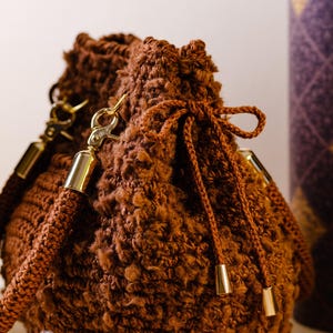 Chocolate Fluffy Crochet Drawstring Handbag With Crochet Bow Ties And Cute Little Pocket - Ideal For Winter And Special Events