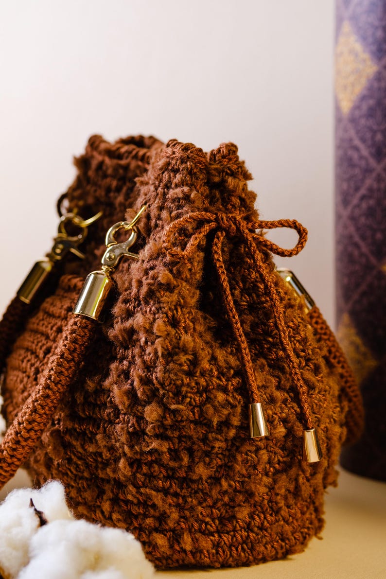 Chocolate Fluffy Crochet Drawstring Handbag With Crochet Bow Ties And Cute Little Pocket - Ideal For Winter And Special Events
