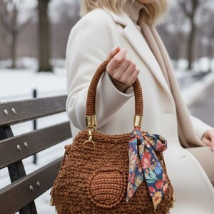 Crochet Boucle Drawstring Handbag with Bow Ties and Pocket - Handmade Winter Casual Outfit Accessory image 4