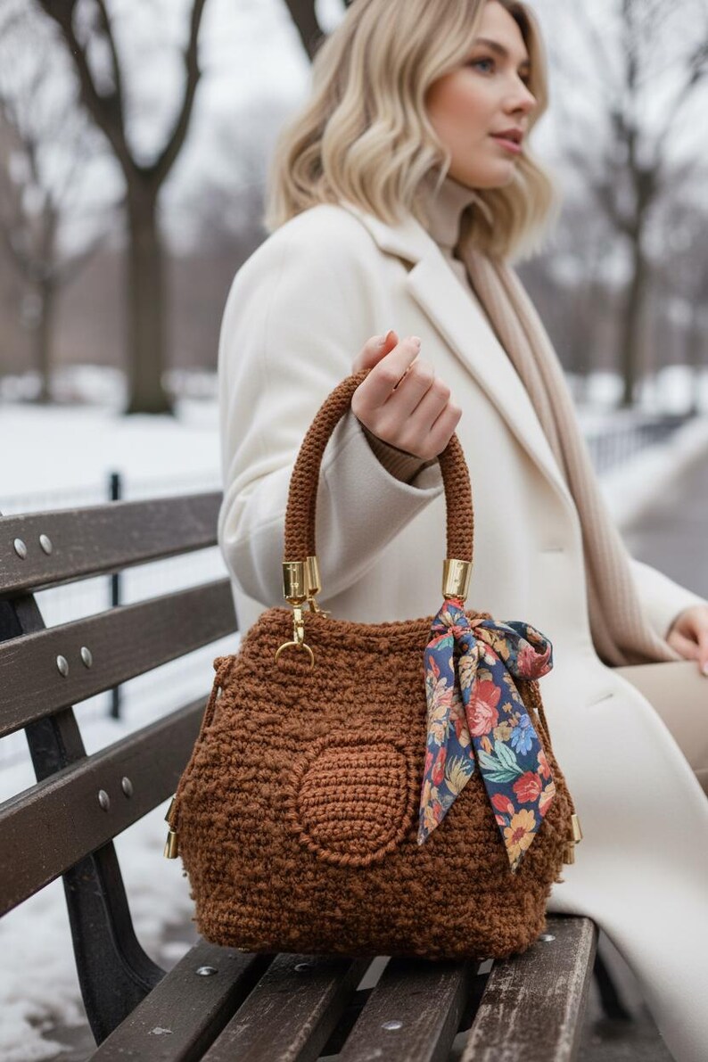 Crochet Boucle Drawstring Handbag with Bow Ties and Pocket - Handmade Winter Casual Outfit Accessory image 4