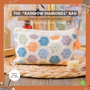 Boho Granny Square Crochet Make Up Pouch Pattern: Diamond Motif (PDF Pattern + Video Tutorials)