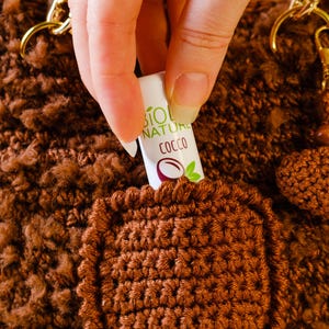 Brown Fluffy Crochet Drawstring Handbag With Crochet Bow Ties And Cute Little Pocket - Ideal For Winter And Special Events