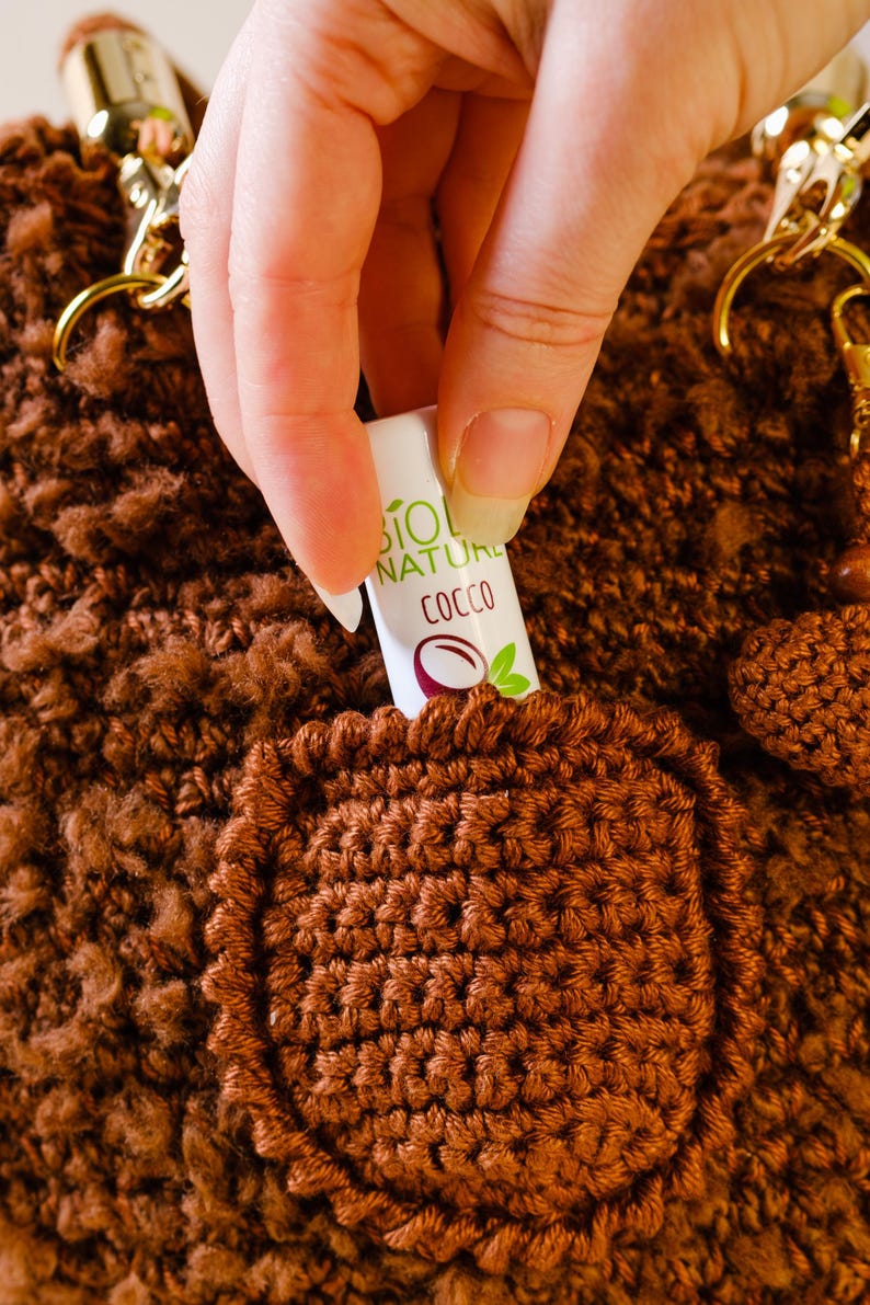 Brown Fluffy Crochet Drawstring Handbag With Crochet Bow Ties And Cute Little Pocket - Ideal For Winter And Special Events