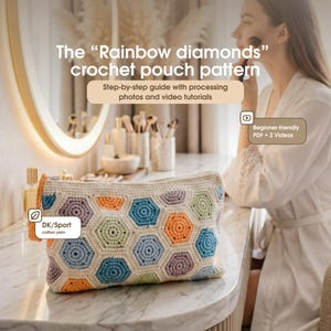 Boho Granny Square Crochet Make Up Pouch Pattern: Diamond Motif (PDF Pattern + Video Tutorials)