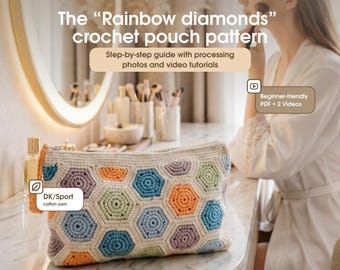 Boho Granny Square Crochet Make Up Pouch Pattern: Diamond Motif (PDF Pattern + Video Tutorials)