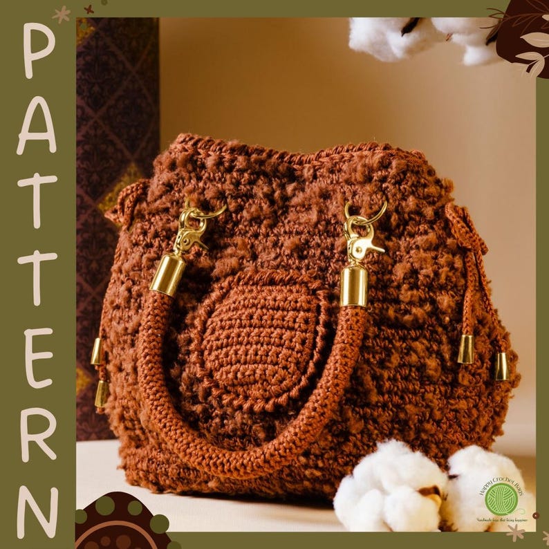 Crochet Boucle Drawstring Handbag with Bow Ties and Pocket - Handmade Winter Party Accessory