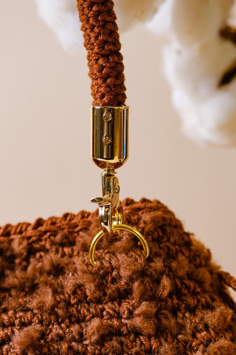 Brown Fluffy Crochet Drawstring Handbag With Crochet Bow Ties And Cute Little Pocket - Ideal For Winter And Special Events