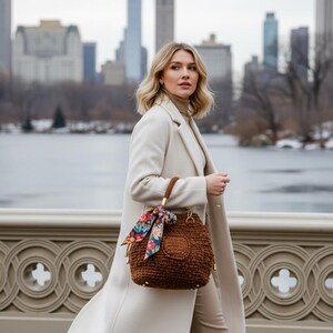 Crochet Boucle Drawstring Handbag with Bow Ties and Pocket - Handmade Winter Casual Outfit Accessory image 2