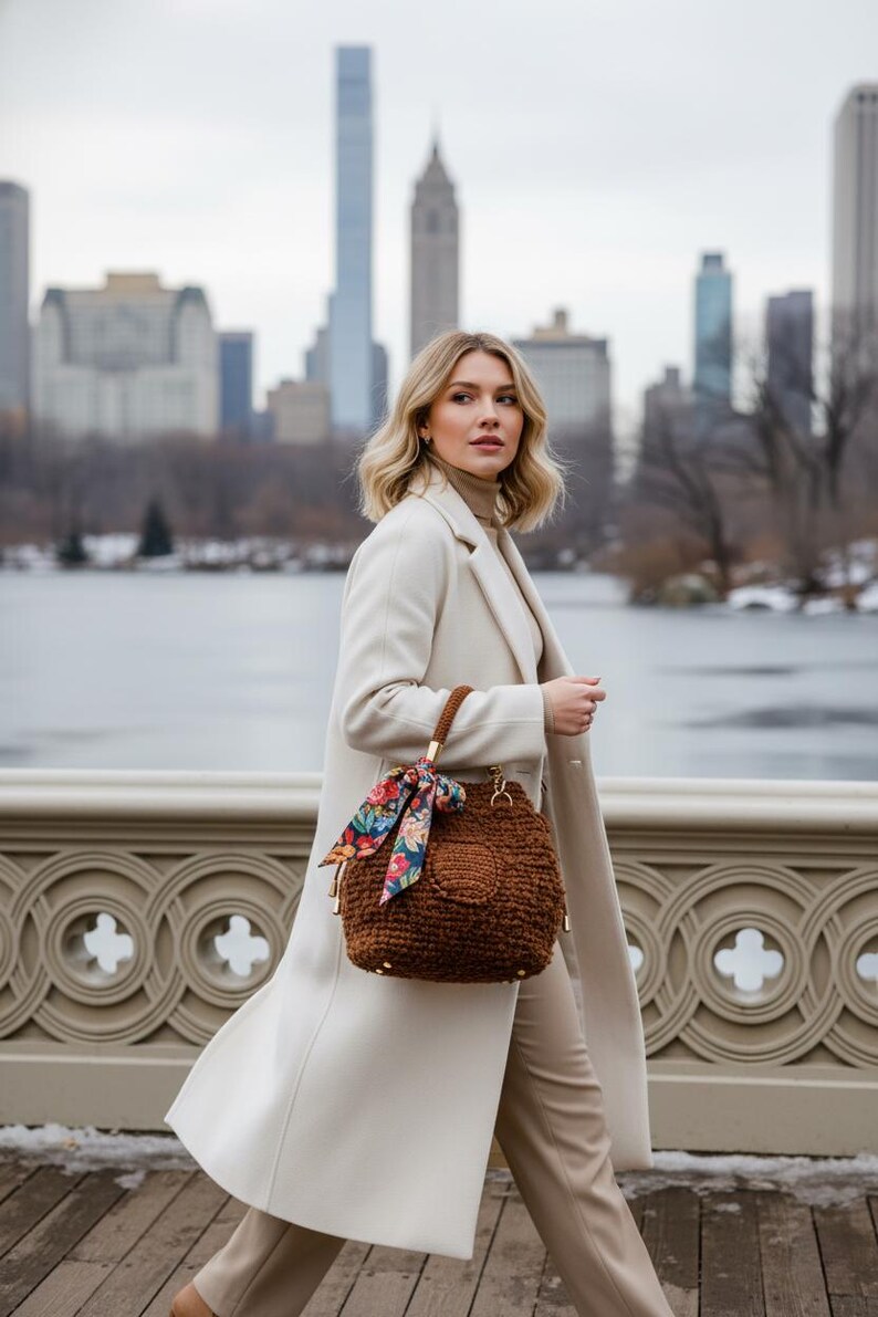 Crochet Boucle Drawstring Handbag with Bow Ties and Pocket - Handmade Winter Casual Outfit Accessory image 2